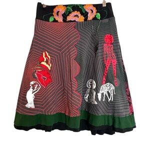 Desigual Embroidered Graphic A-Line Skirt Multicolor Boho Artsy Size M